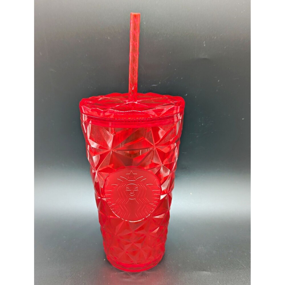 Starbucks Red Faceted Cold Cup Tumbler w/ Lid & Straw Coffee & Tea Theme